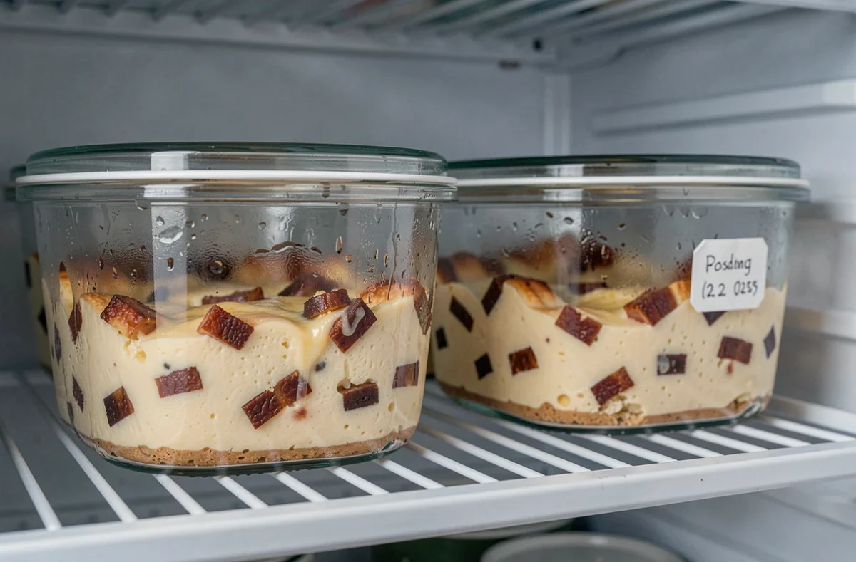 Portions de quiche lorraine conservées dans des boîtes hermétiques en verre au réfrigérateur avec étiquette de date