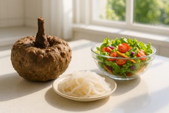 Photo hyperrealiste d'une racine de konjac fraîche avec nouilles et salade colorée