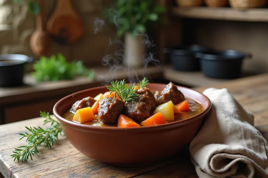 Ragoût d'agneau à l'ancienne servi dans un bol en céramique rustique sur une table en chêne, avec carottes, pommes de terre et thym frais