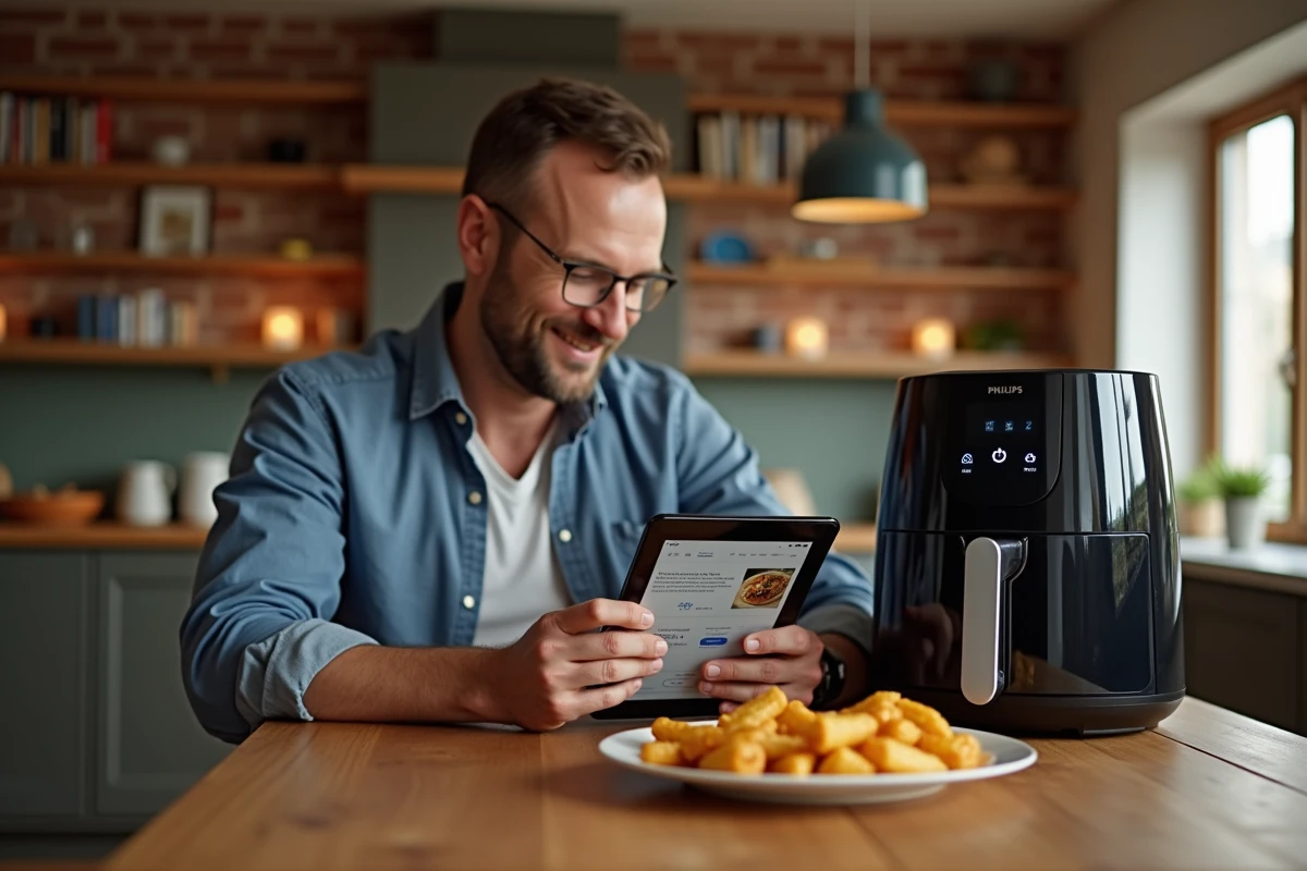 Homme consultant une recette airfryer sur tablette numérique avec des légumes croustillants