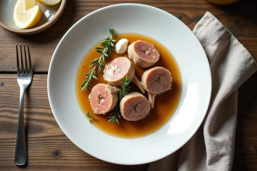 Assiette de rognons de veau légers en sauce réduite, garnis de thym frais et d'une touche de crème fraîche allégée