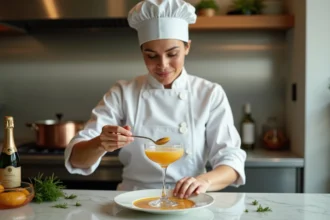 Cheffe professionnelle préparant une soupe champagne dans une cuisine gastronomique avec une flûte en cristal et une casserole en cuivre