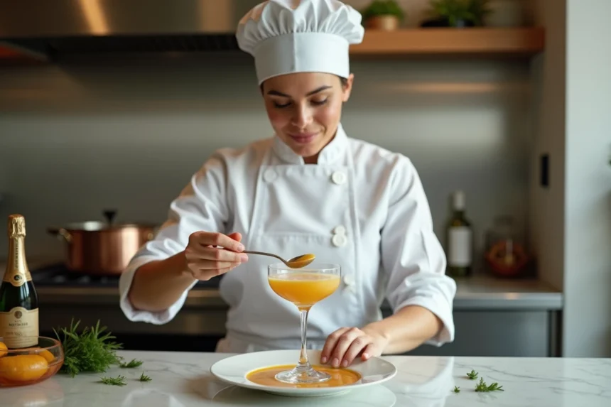 Cheffe professionnelle préparant une soupe champagne dans une cuisine gastronomique avec une flûte en cristal et une casserole en cuivre
