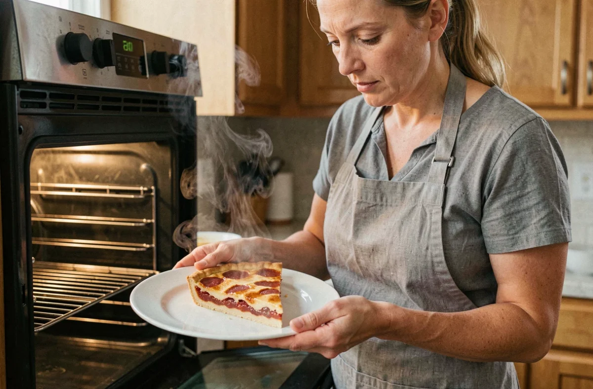 Femme réchauffant une part de quiche lorraine au four et la servant sur une assiette blanche dans une cuisine moderne