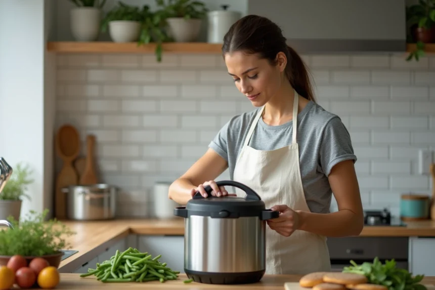 Femme réchauffant des haricots verts cuits dans une cocotte minute sur un plan de travail de cuisine moderne