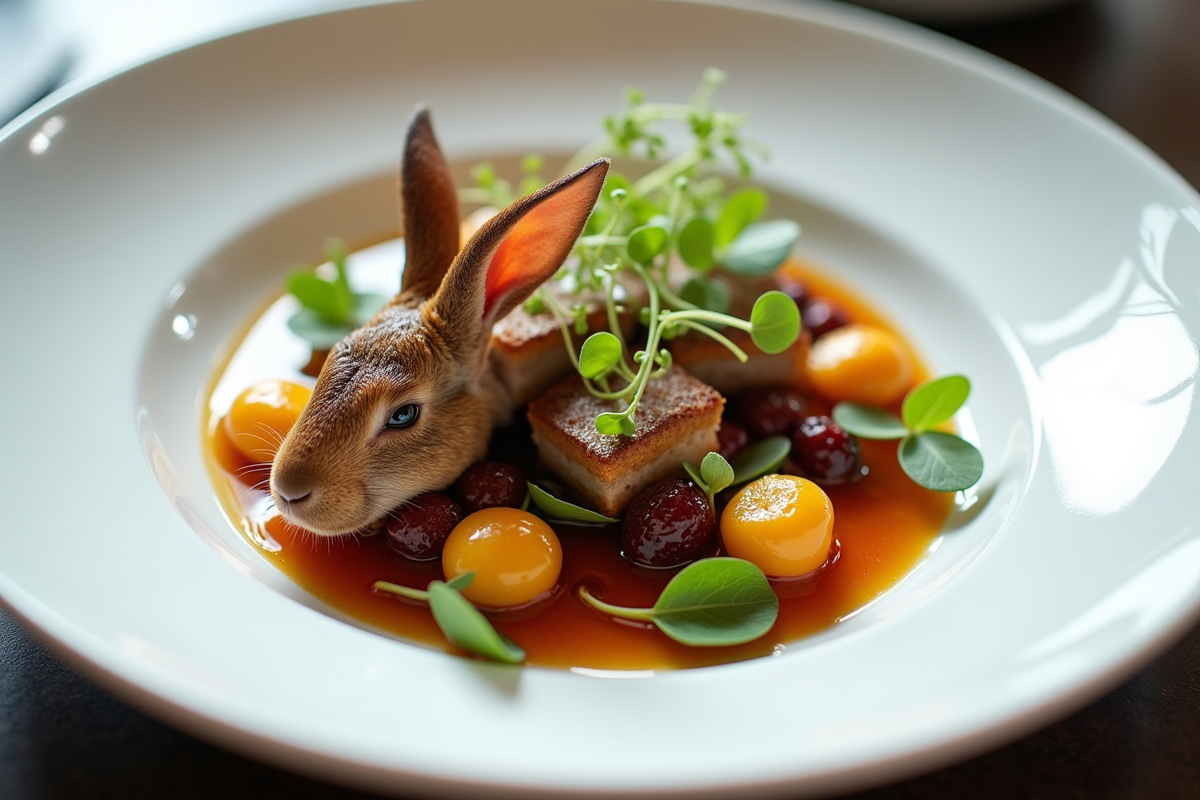 Lapin aux prunes revisite en plat moderne avec microgreens