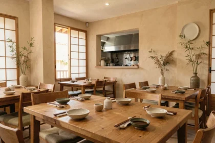 Salle de restaurant japonais élégante dans les Bouches-du-Rhône avec tables en bois, baguettes et décoration minimaliste japonaise