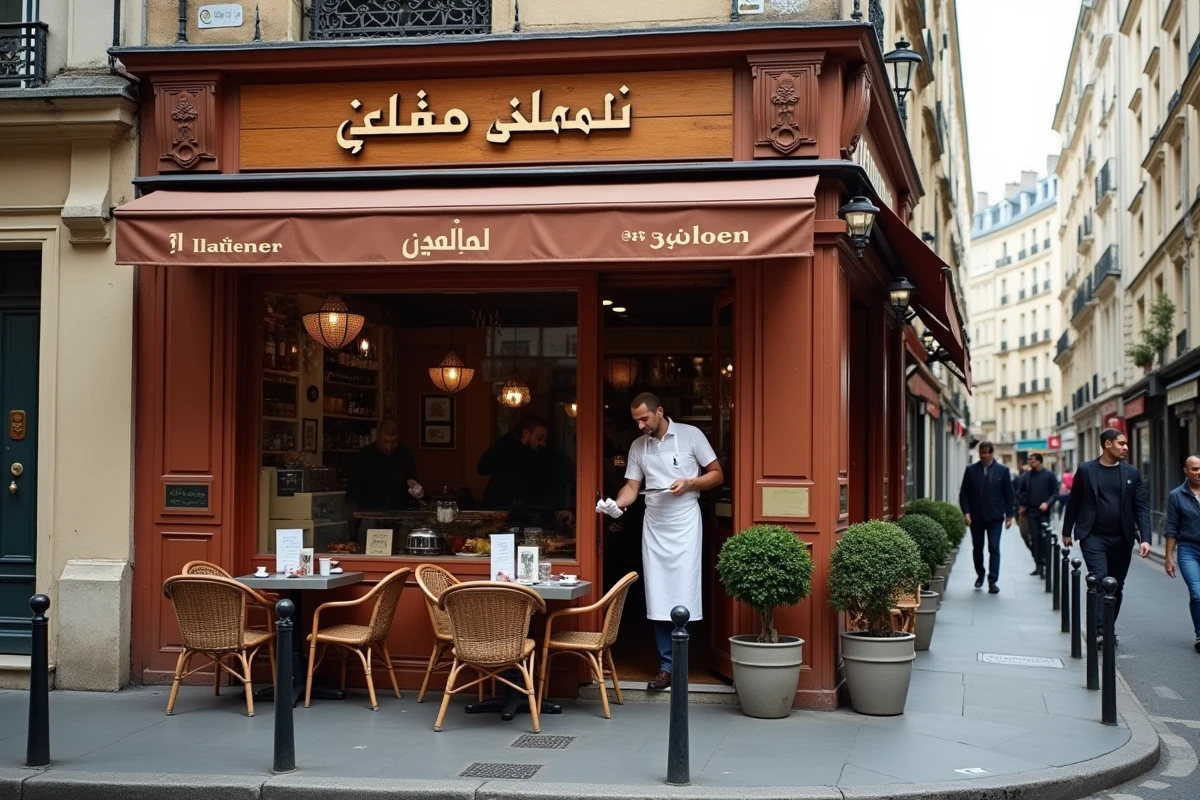 Façade du restaurant libanais Le Cèdre près de la rue Mouffetard à Paris avec terrasse extérieure