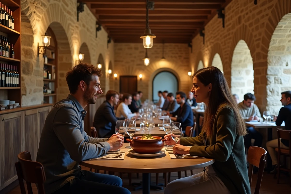 Intérieur voûté en pierre d'un restaurant typique de la Cité de Carcassonne avec plat de cassoulet traditionnel