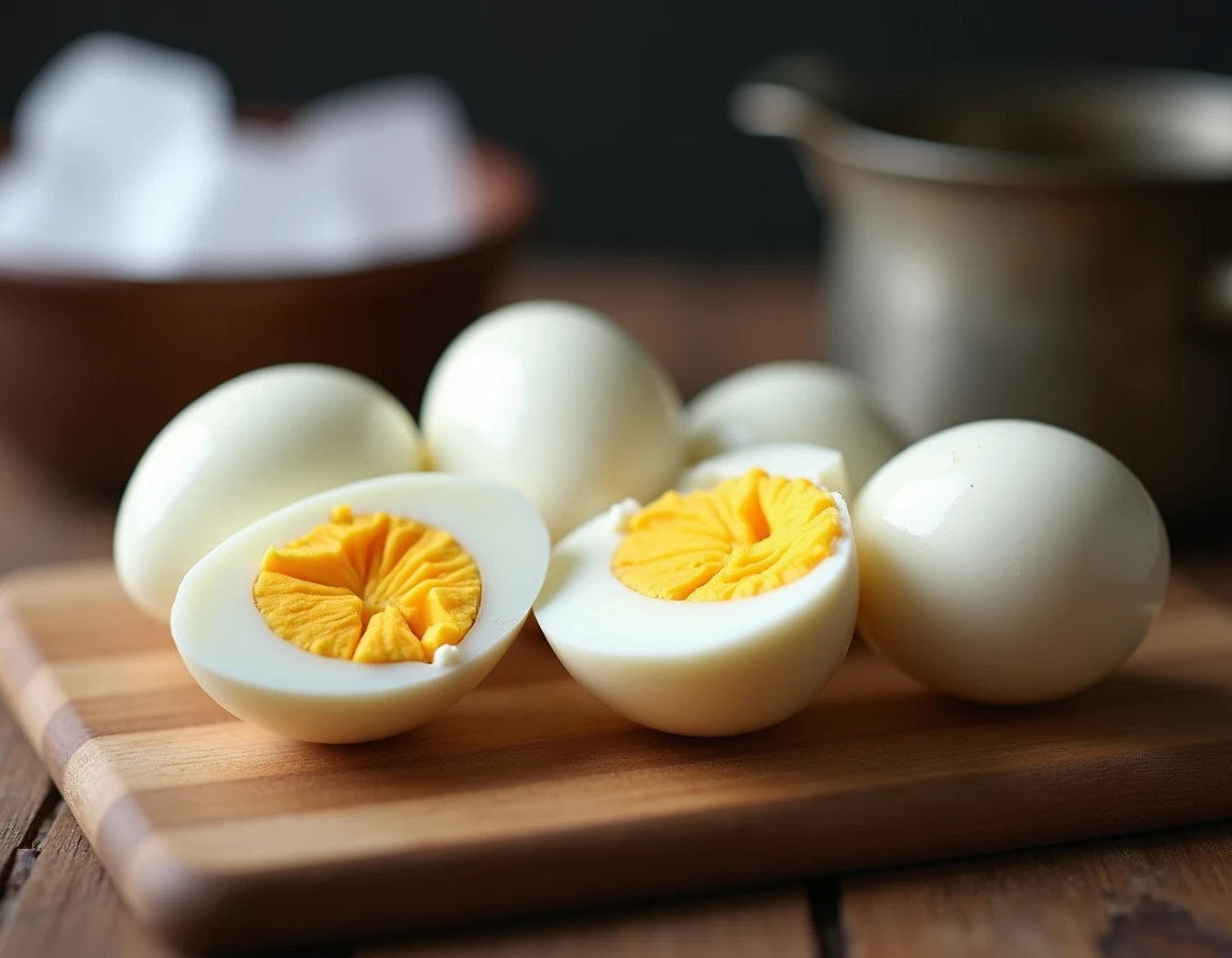 Oeufs durs pelés sur une planche en bois avec un oeuf coupé en deux révélant le jaune bien cuit, résultat de la cuisson départ eau froide