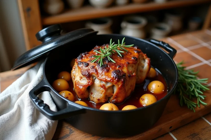 Rôti de porc en cocotte fonte avec sauce onctueuse aux oignons et thym, style bistrot français