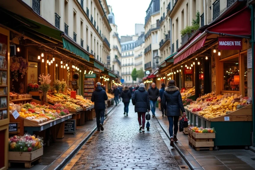 Rue Mouffetard animée avec ses pavés, ses étals de marché colorés et ses façades parisiennes historiques