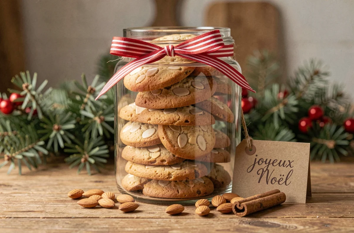 Bocal en verre rempli de sablés de Noël à l'amande attaché avec un ruban rouge et blanc pour offrir en cadeau
