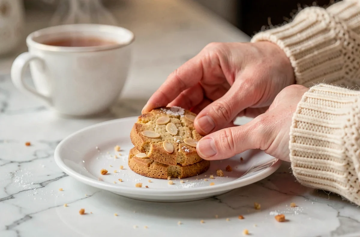 Mains féminines posant un sablé de Noël à l'amande sur une assiette blanche avec une tasse de thé en arrière-plan