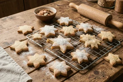 Sablés de Noël en forme d'étoile et flocon saupoudrés de sucre glace sur une table en bois rustique avec des amandes effilées