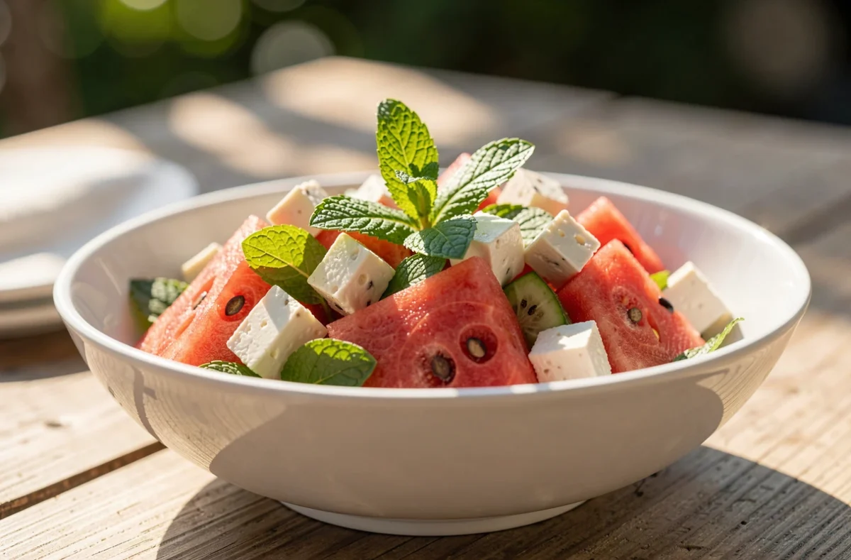 Salade de pastèque, feta et feuilles de menthe dans un saladier