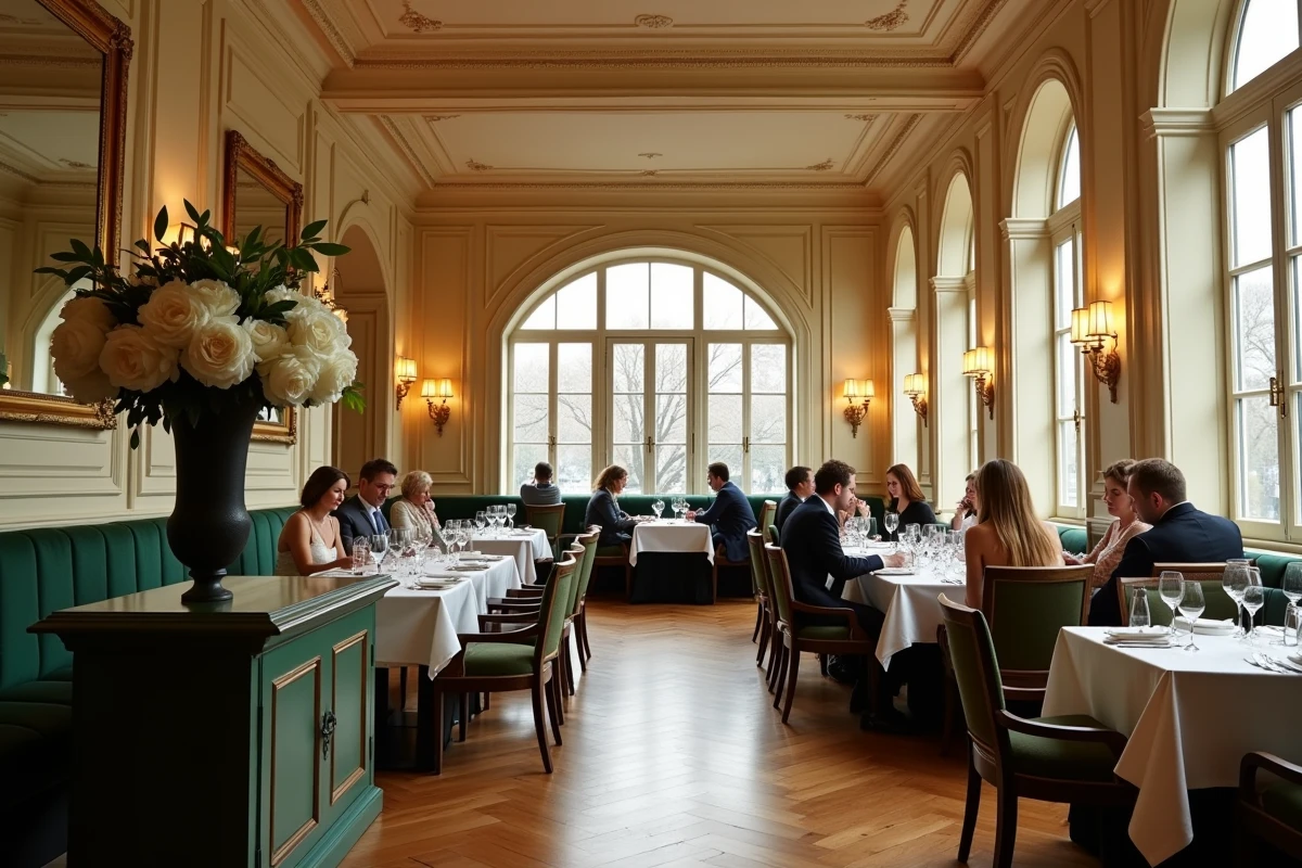 Salle de restaurant gastronomique parisien au décor haussmannien avec tables dressées, moulures en plâtre et grandes fenêtres en arche