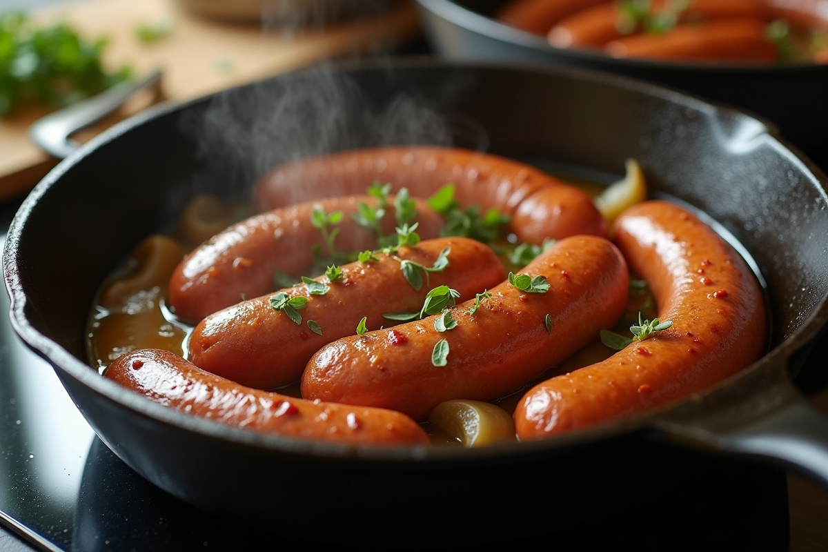 Saucisses Diots de Savoie en cuisson dans une poêle moderne