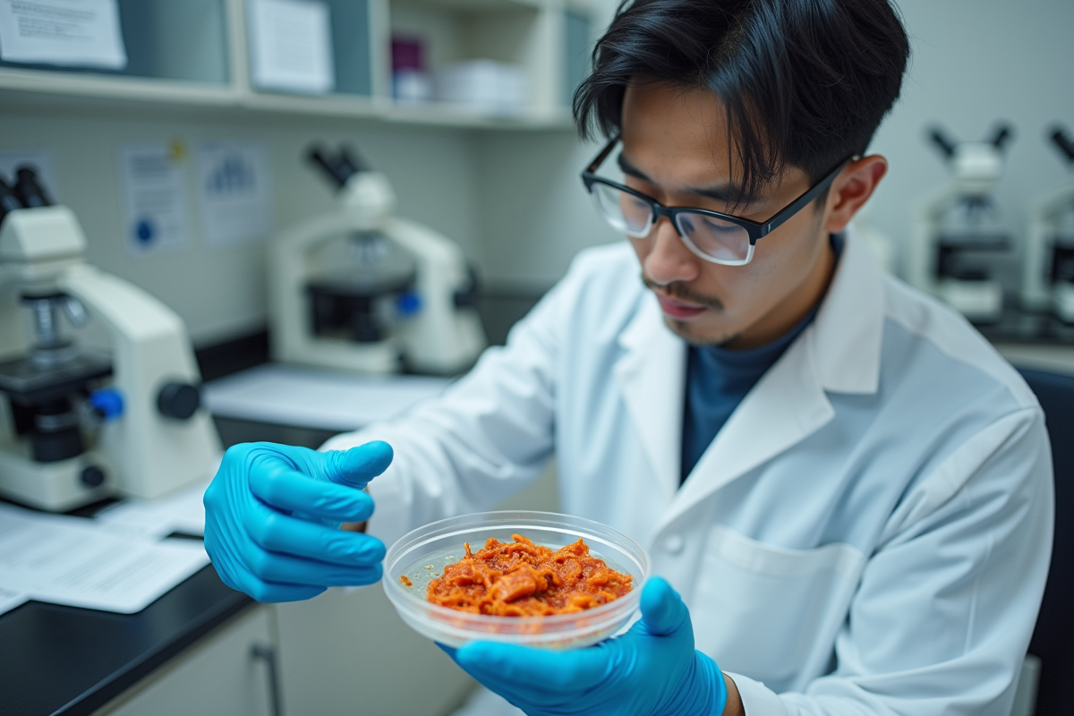 Jeune scientifique inspectant un kimchi en laboratoire