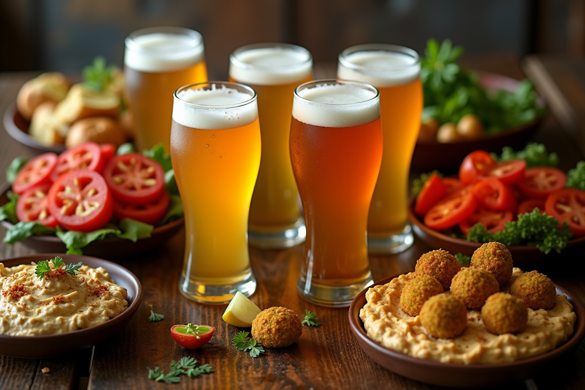 Vue de dessus de bières IPA artisanales avec amuse-bouches végétariens