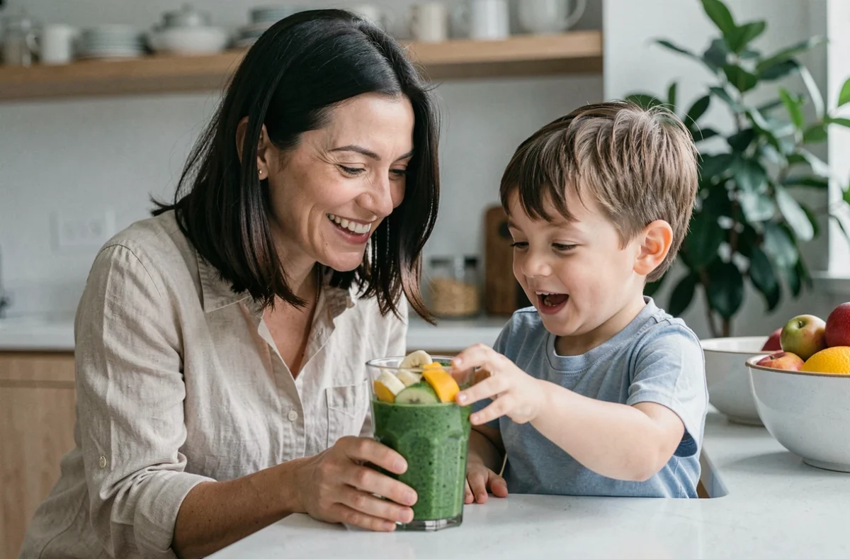 Mère et jeune enfant découvrant ensemble un smoothie vert aux épinards dans une cuisine moderne