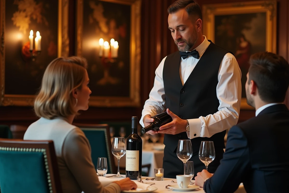 Sommelier élégant présentant une bouteille de Bourgogne à des clients dans la salle raffinée d'un grand restaurant parisien
