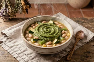 Bol rustique de soupe au pistou provençale avec tourbillon de pistou vert sur table en bois