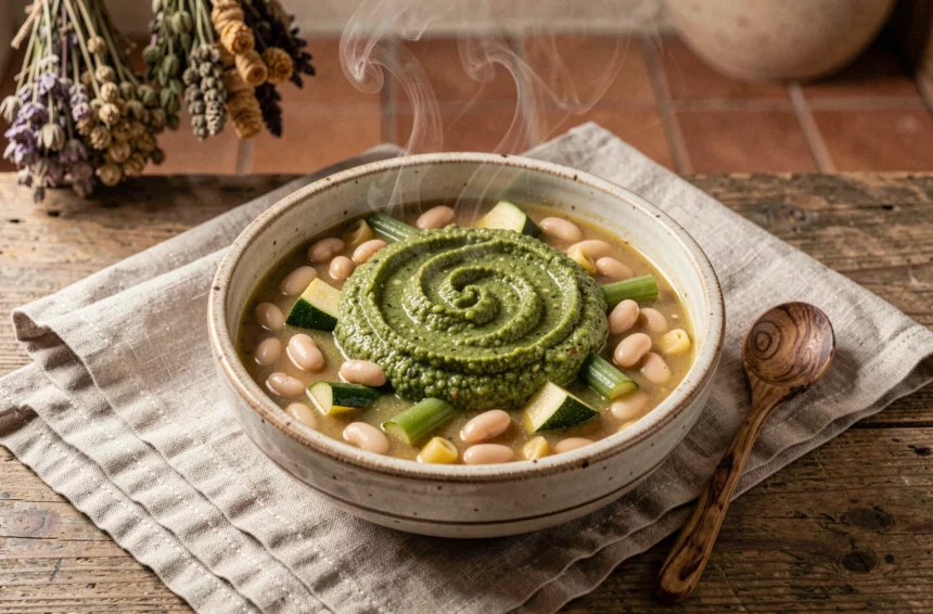 Bol rustique de soupe au pistou provençale avec tourbillon de pistou vert sur table en bois