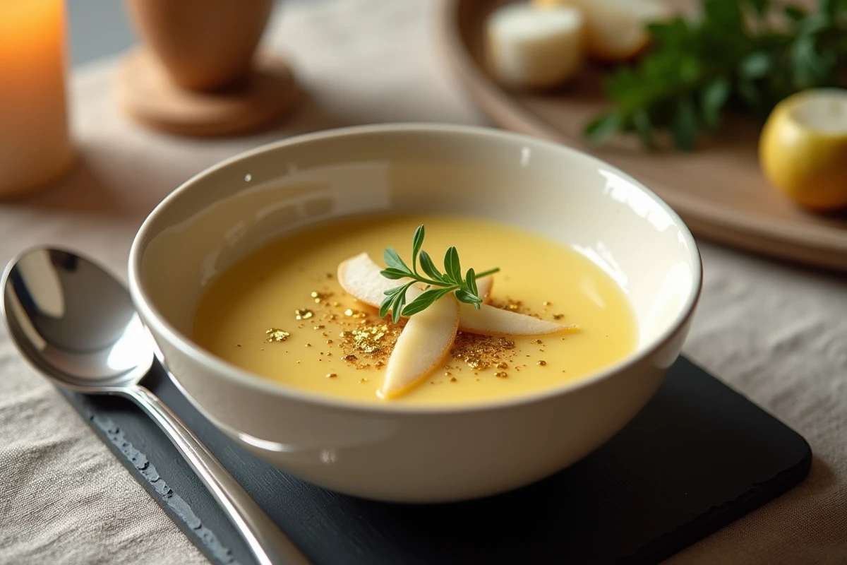 Bol de soupe champagne élégamment dressé avec feuille d'or, poire et estragon sur une table de réception gastronomique