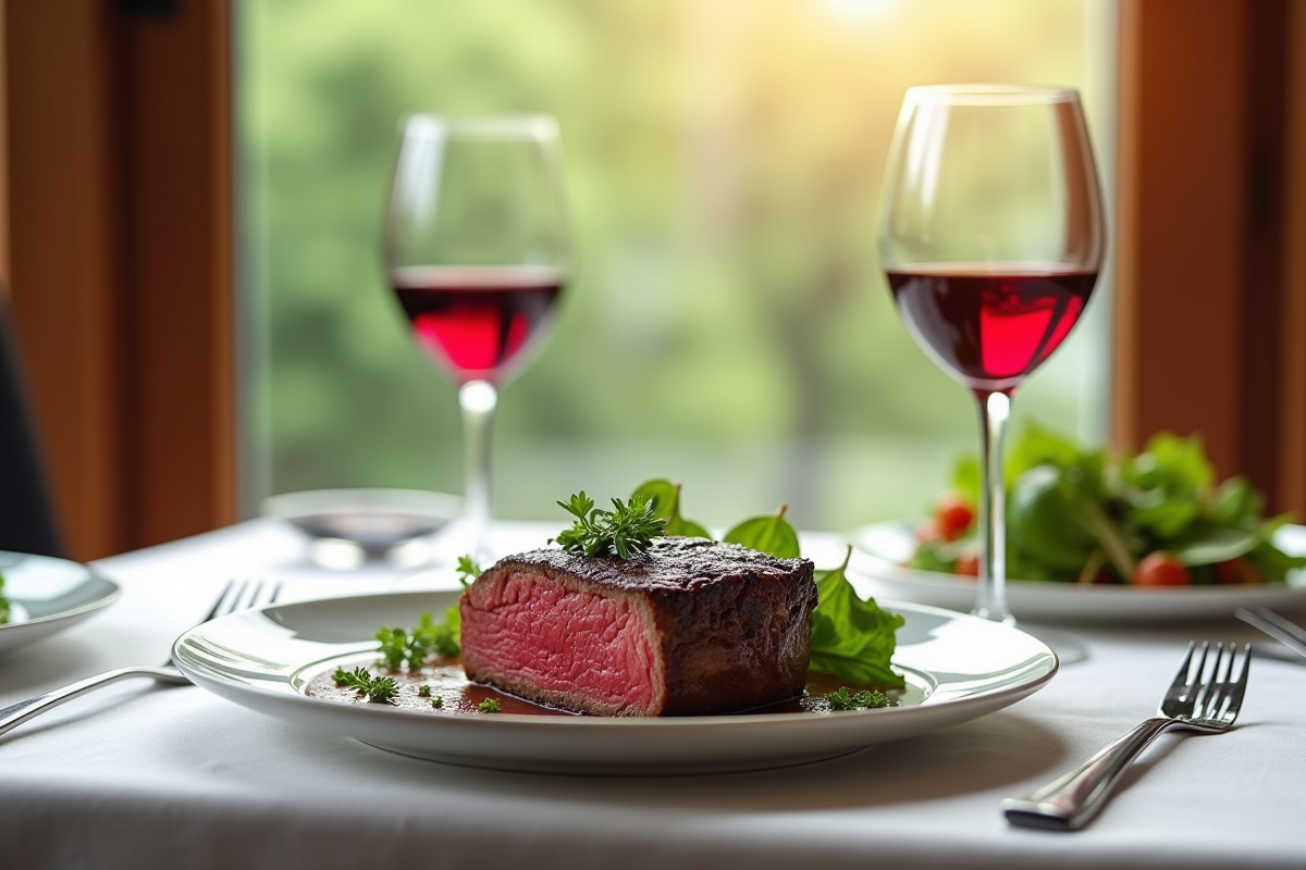 Table élégante avec côte de boeuf vin rouge et salade fraîche