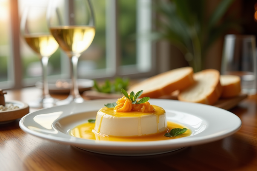 Table gourmande avec foie gras et vin blanc