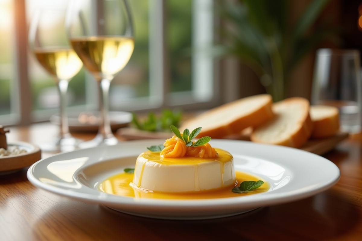 Table gourmande avec foie gras et vin blanc