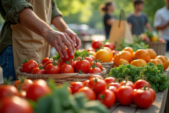 Table de marché en bois avec fruits et légumes bio frais