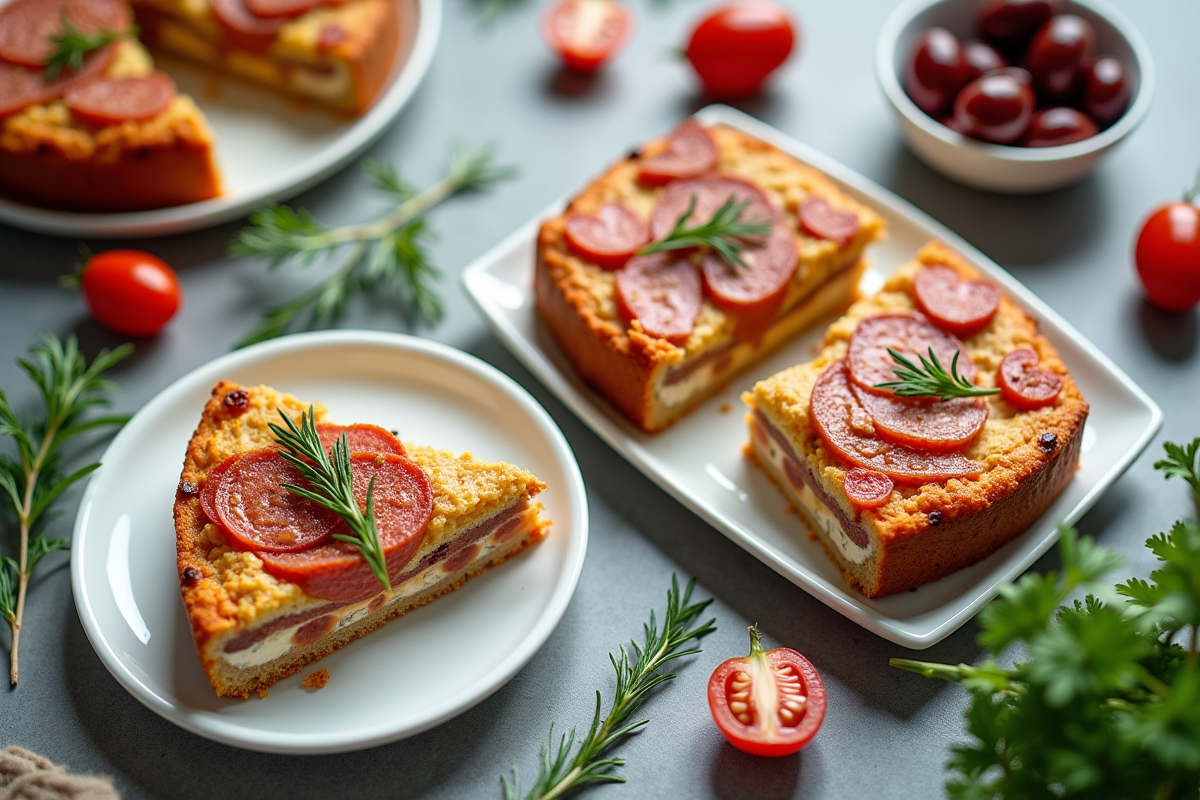 Table avec parts de gâteau au chorizo et feta entourées d