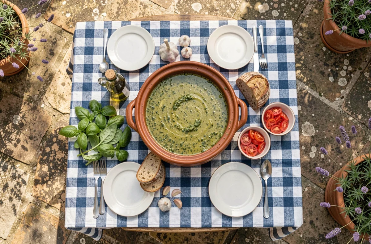 Table provençale en plein air dressée avec soupière de soupe au pistou et bouteille d'huile d'olive