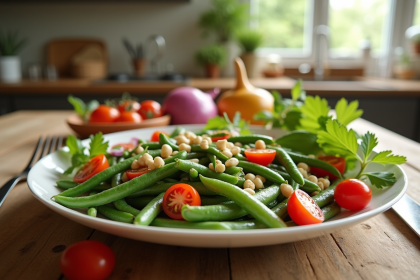 Table rustique avec salade de fèves et tomates cerises