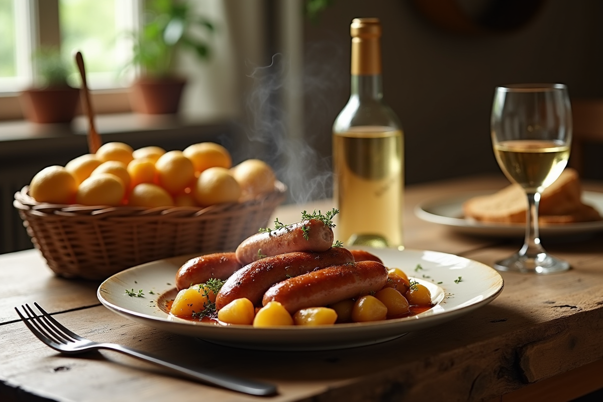 Table rustique avec saucisses Diots de Savoie et vin blanc
