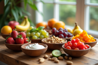 Table en bois avec fruits frais et noix colorés