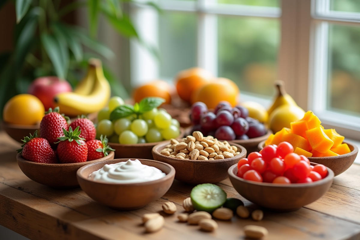 Table en bois avec fruits frais et noix colorés