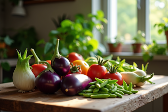 Table rustique avec légumes frais débutant par E