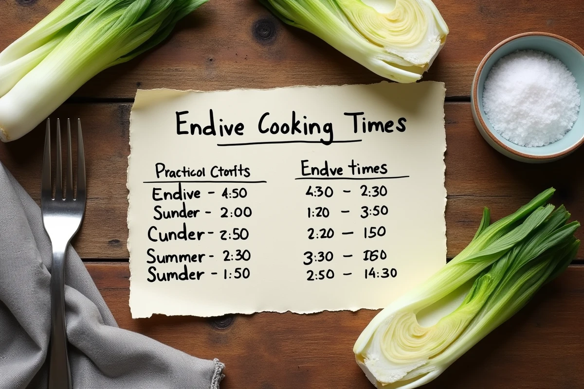 Tableau pratique des temps de cuisson des endives à la cocotte minute sur papier artisanal, avec endives coupées en deux sur table en bois
