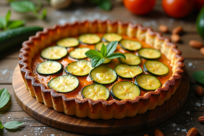 Tarte à la courgette fraîche sur table en bois rustique