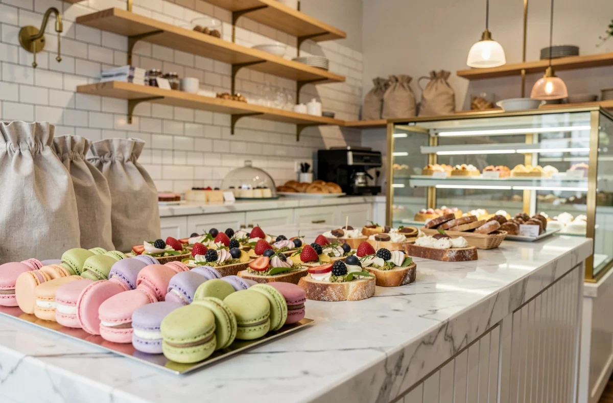 Présentoir de macarons colorés et tartines garnies sur un comptoir en marbre dans la boutique Tartines et Macarons