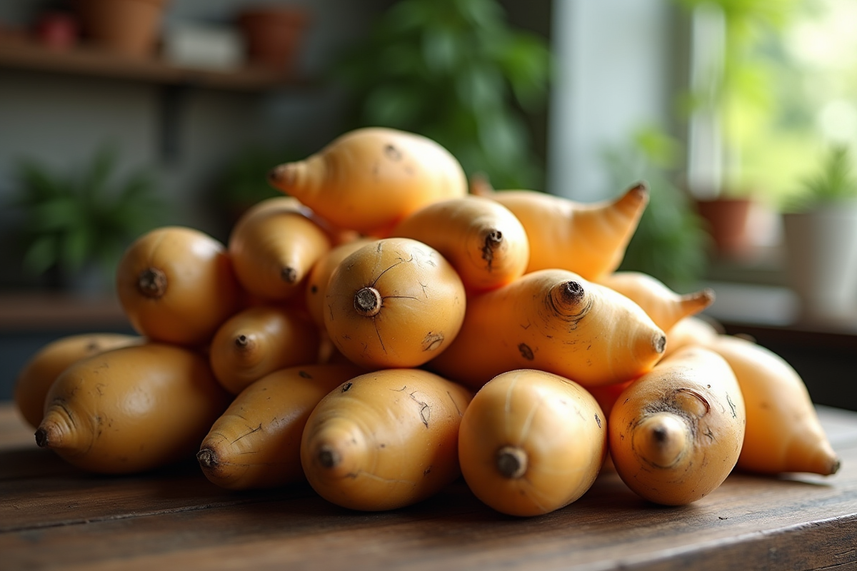 Tas de yams frais sur table en bois naturel