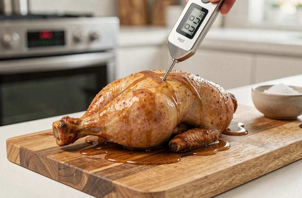 Thermomètre de cuisine inséré dans la cuisse d'un poulet rôti affichant 82 degrés Celsius, le poulet reposant sur une planche en bois avec des jus qui coulent