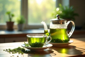 Photo hyperrealiste d'une theiere et tasse de the vert sur une table en bois