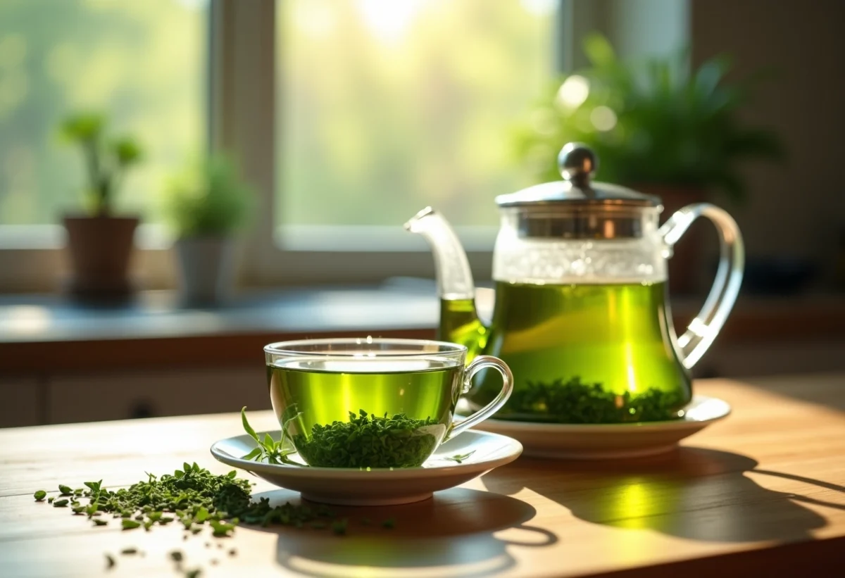 Photo hyperrealiste d'une theiere et tasse de the vert sur une table en bois
