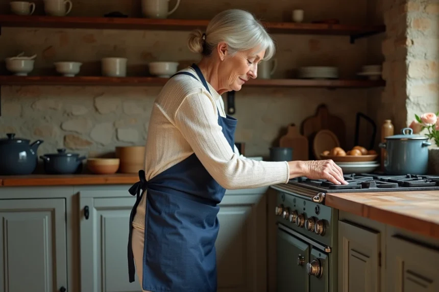 Femme ajustant le thermostat d'un four ancien à 200 degrés dans une cuisine rustique