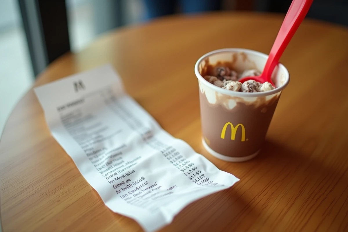 Ticket de caisse McDonald's froissé sur une table en bois à côté d'un McFlurry entamé, illustrant le prix d'un dessert fast food en 2026