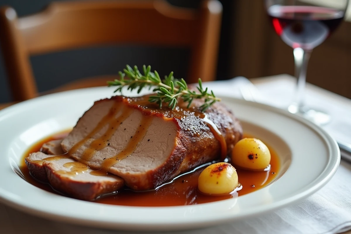 Tranche de rôti de porc braisé nappée de sauce onctueuse servie à l'assiette façon bistrot